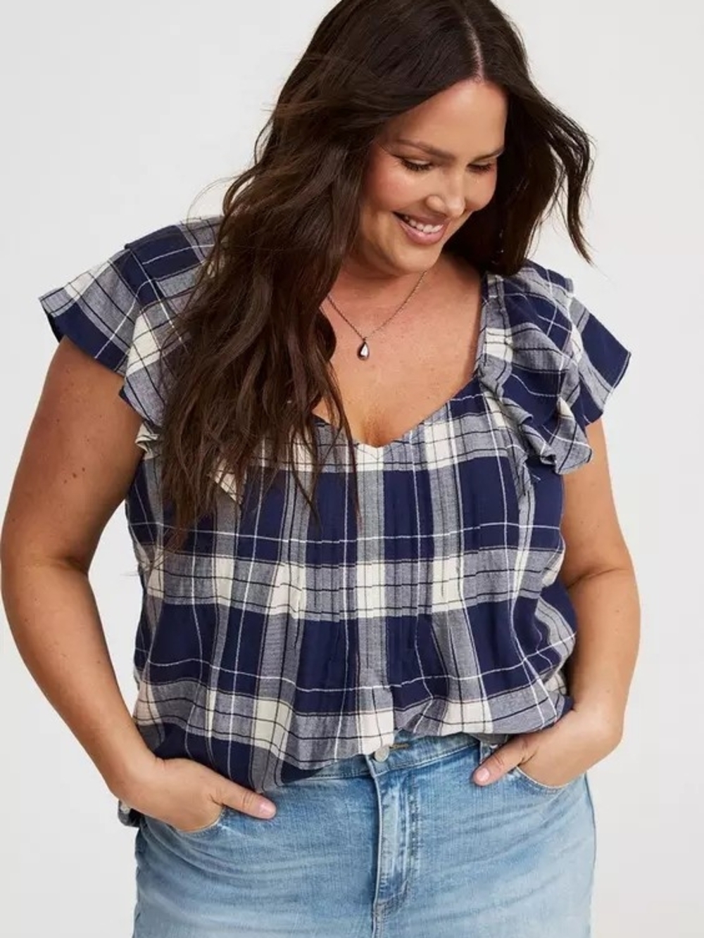 torrid Navy and White Plaid Ruffle Sleeve Blouse-Size:2